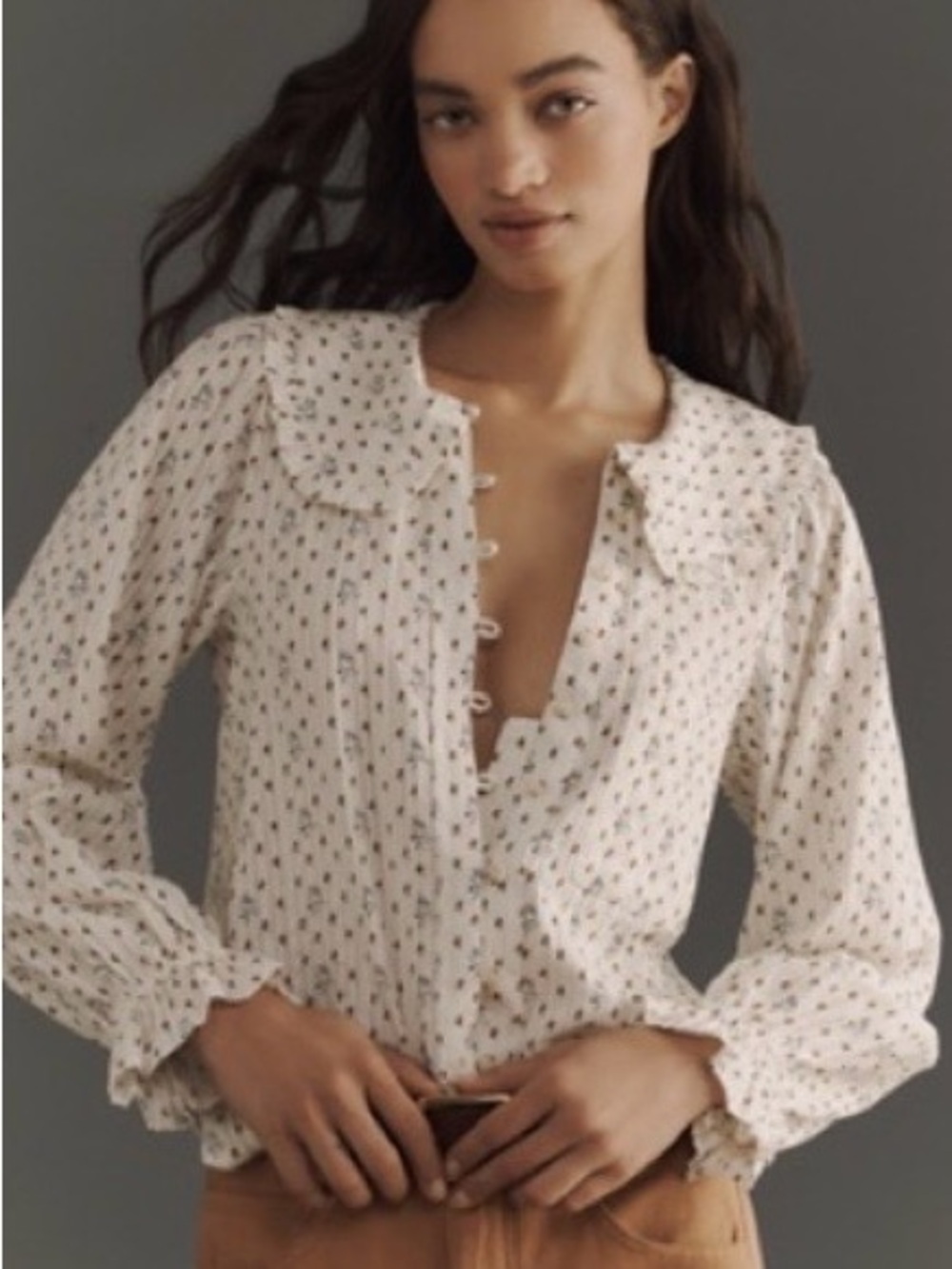 Pilcro Keira Cream Floral Button-Down Blouse with Peter Pan Collar